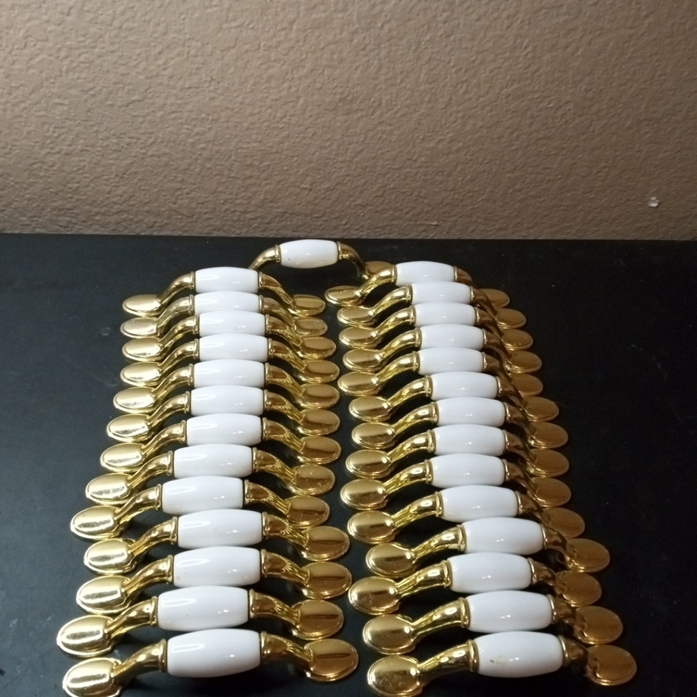 LOT of 30 Exquisite Belwith 1980s Brass & White Porcelain Drawer Pulls.